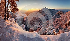 Majestic sunset panorama in winter mountains landscape, Slovakia