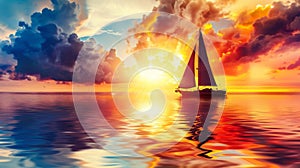 Majestic Sunset Sailing: Vibrant Seascape with Tranquil Ocean