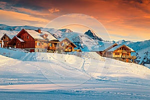 Majestic sunset and ski resort in the French Alps, Europe