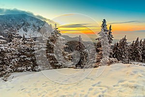 Majestic sunset and winter landscape,Carpathians,Romania,Europe photo