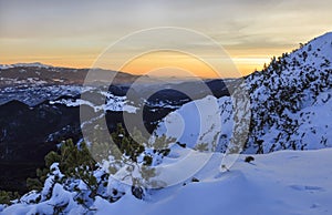 Majestic sunset in winter mountains landscape