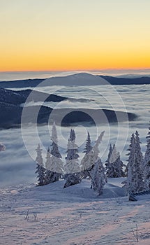 Majestic sunset in the winter mountains landscape. Dramatic sky