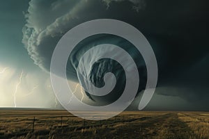 Majestic Supercell Thunderstorm Over Plains With Lightning Strikes