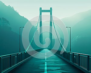 Majestic Suspension Bridge Enshrouded in Mist, Modern Transportation Spanning a Mountainous Landscape at Dawn