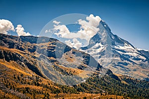 Majestic sutumn view of Matterhorn Monte Cervino, Mont Cervin peak.