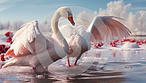 Majestic swan flying over tranquil pond, reflecting the beauty generated by AI