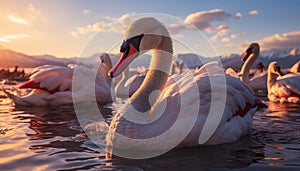 Majestic swan glides on tranquil pond, reflecting autumn beauty generated by AI