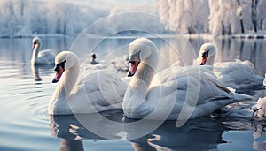 Majestic swan glides on tranquil pond, reflecting nature beauty generated by AI