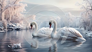 Majestic swan glides on tranquil pond, reflecting winter beauty generated by AI