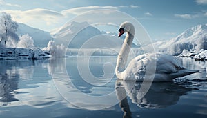 Majestic swan glides on tranquil pond, reflecting winter beauty generated by AI