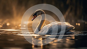 Majestic swan glides on tranquil pond water generated by AI