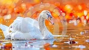 Majestic swan gliding serenely on tranquil countryside pond in a peaceful farm setting