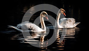 Majestic swan reflects beauty in tranquil water generated by AI