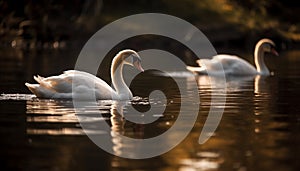 Majestic swan reflects elegance and beauty in tranquil pond generated by AI