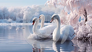 Majestic swan reflects elegance in tranquil pond, nature beauty generated by AI