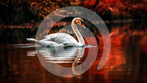 Majestic swan swimming in tranquil pond water generated by AI