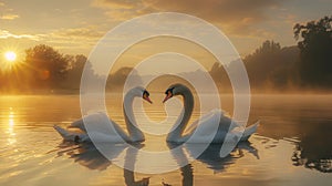 Majestic Swans Gliding Over Serene Sunrise on Calm Lake