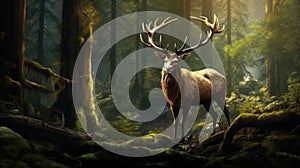 Majestic sylvan elk roams through an enchanted woodland