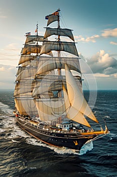 Majestic Tall Ship Sailing On The Open Sea At Sunset With Full Sails, Nautical Adventure, Maritime Journey, Historic Vessel