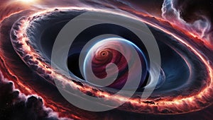 A majestic and terrifying scene illustrating a black hole swallowing a nearby planet photo