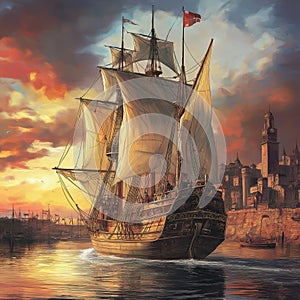 Majestic 16th century sailing ship entering harbor at sunset photo