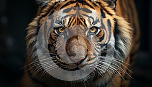 Majestic tiger, fierce and wild, staring into the camera generated by AI