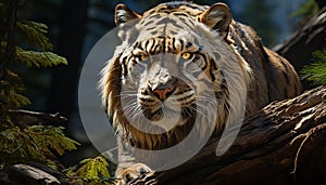 Majestic tiger, fierce and wild, staring with tranquil yellow eyes generated by AI