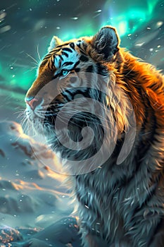 Majestic Tiger in Mystic Blue Fantasy Landscape with Shimmering Lights and Snowflakes Illustration Detailed Animal Portrait with