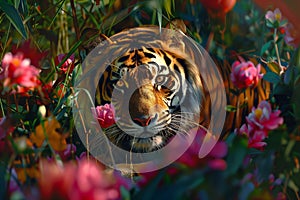 A majestic tiger peeks through a vibrant field of flowers, its piercing gaze captured amidst the colorful flora, evoking a sense