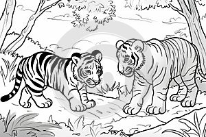 Majestic Tiger and Playful Cub Amongst the Canopy