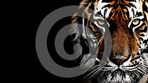 Majestic Tiger Portrait on Black Background. Wildlife Photography. Powerful Stare of Wild Tiger. Bold Animal Wallpaper
