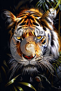 Majestic Tiger Portrait with Intense Gaze Amidst Jungle Foliage Striking Wildlife Artwork for Modern Decor