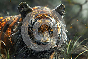 Majestic Tiger Portrait with Intense Gaze in a Mystical Forest Striking Wildlife Photography