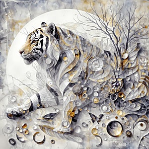 Majestic Tiger: Profile Amidst Nature and Beads, generative ai