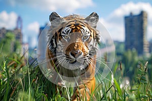 Majestic Tiger Roaming Urban Jungle with Cityscape Background, Vibrant Wildlife Scene in Metropolitan Setting
