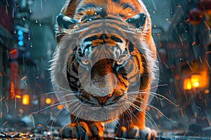 Majestic Tiger Stalking Through Rain soaked Streets at Night With Intense Gaze, Urban Jungle Theme, Vibrant Colors, Dramatic