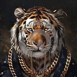 A majestic tiger stands in a dark, star-filled sky, its piercing yellow eyes gleaming, adorned with gold earrings and a photo