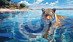 Majestic Tiger Swimming in Crystal Blue Waters - Tropical Beach Scenery.