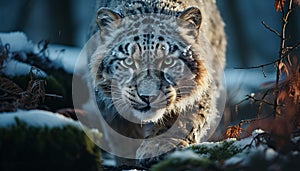 Majestic tiger walking in snow, alertness in its eyes generated by AI