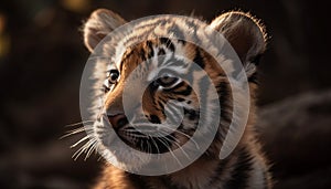 Majestic tiger, wildcat beauty, staring danger, nature undomesticated portrait generated by AI