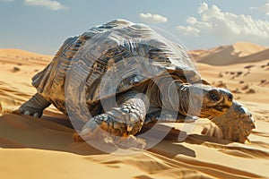 Majestic Tortoise Slowly Trekking Across Vast Desert Dunes under Clear Skies