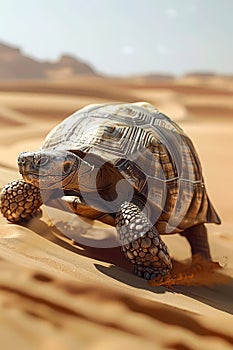 Majestic Tortoise Traversing Arid Desert Landscape with Golden Sand Dunes Under Clear Blue Sky