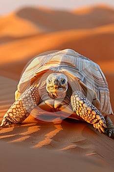 Majestic Tortoise Traversing Sandy Dunes at Sunset with Golden Light Reflecting on Its Shell