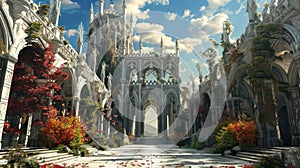 A majestic towering structure with a series of arched doorways leading to an ornate courtyard reminiscent of fairy tale