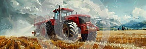 Majestic Tractor Working on Farm Field Against Mountain Backdrop