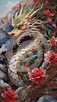 A majestic traditional Chinese dragon surrounded by vibrant red flowers and intricate patterns