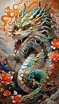 Majestic traditional Chinese dragon surrounded by vibrant red flowers and intricate patterns