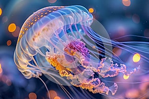 Majestic Transparent Jellyfish Swimming in Deep Blue Ocean Water with Illuminated Particles Surrounding