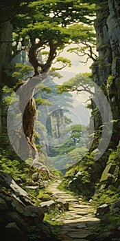Majestic Tree In A Mountainous Forest Painting photo