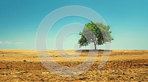 Majestic tree standing in a vast barren landscape. Hope and the importance of protecting the environment for future generations.